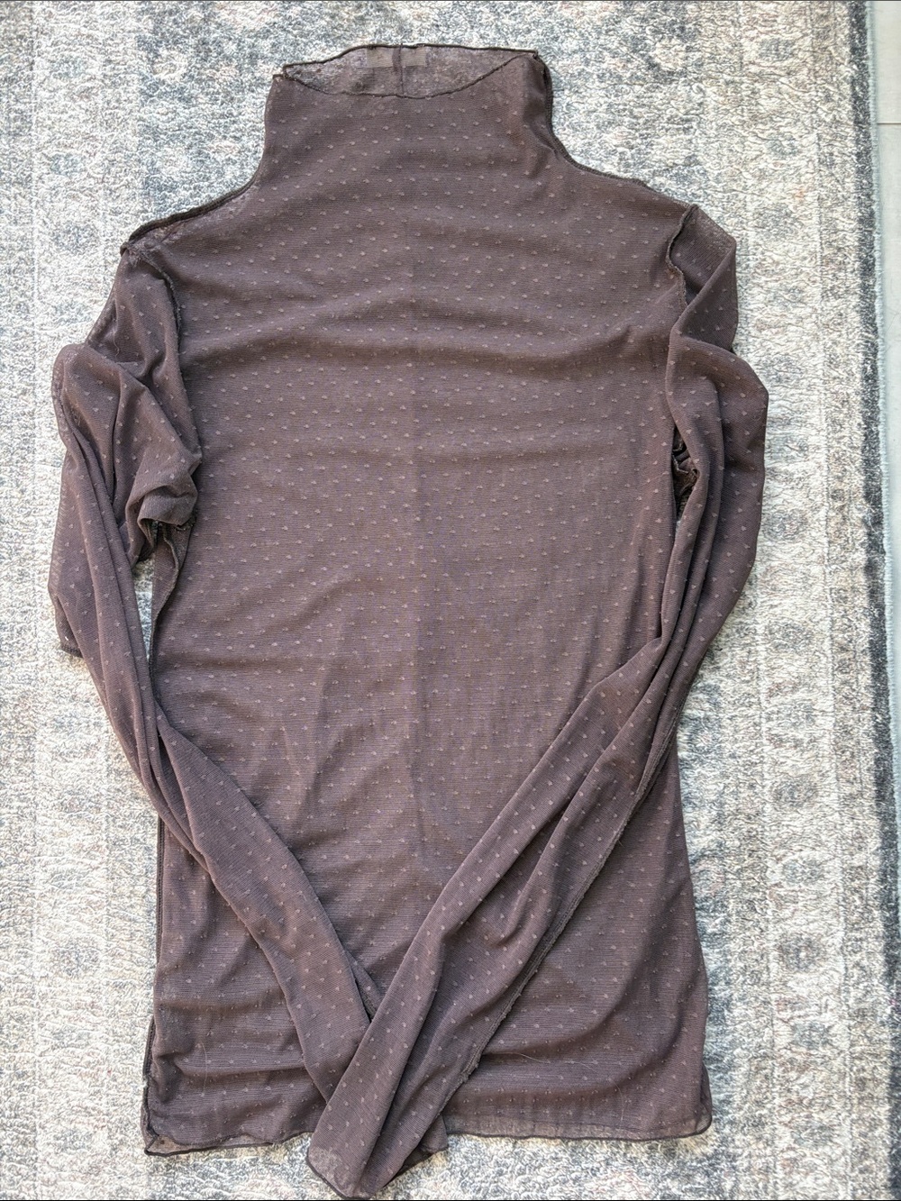 Free People Brown Sheer Dot mock neck Top